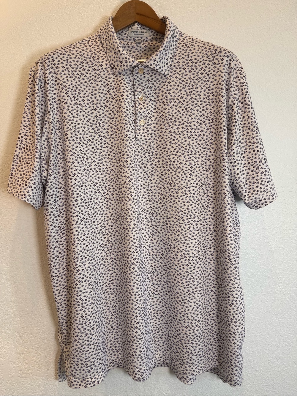 Peter Millar White Golf Polo with Red/Navy Fish Micro-Pattern Summer Comfort XL